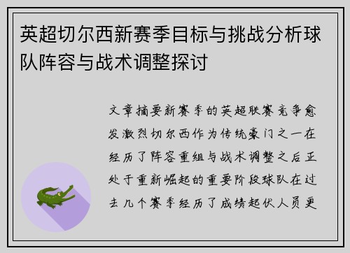 英超切尔西新赛季目标与挑战分析球队阵容与战术调整探讨